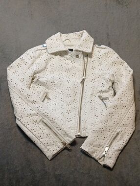 Girls Me Jane White Laser-Cut Moto Jacket with Silver Zippers